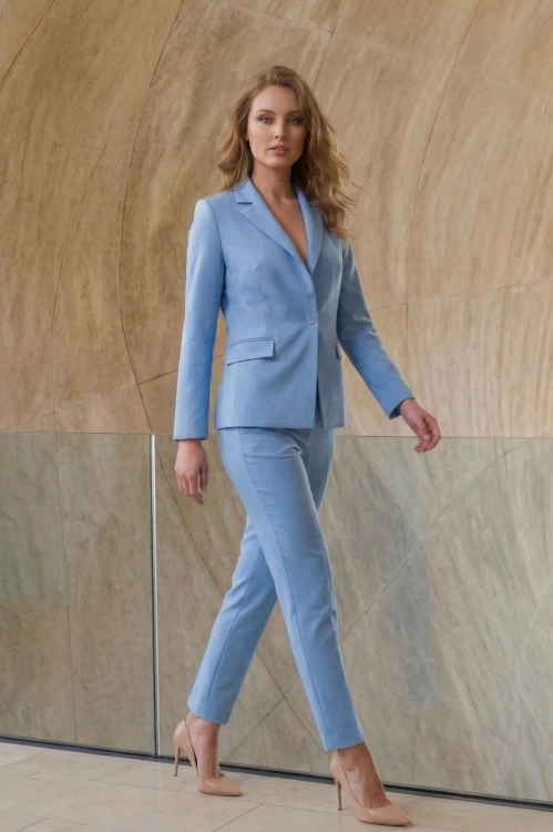 Na modelce stojącej przodem niebieskie klasyczne spodnie w kant, zwężane ku dołowi, Spodnie zostały zestawione z pasującym do nich żakietem, tworząc elegancki garnitur