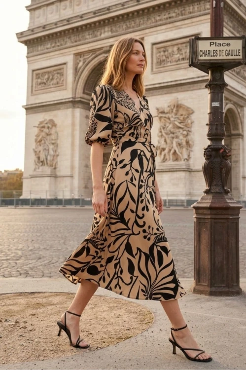 Na modelce elegancka sukienka z wiskozy z kopertowym dekoltem, sukienka w kolorze beżowym w czarny roślinny motyw, talia podkreślona paskiem, dół sukienki rozkloszowany, długość midi