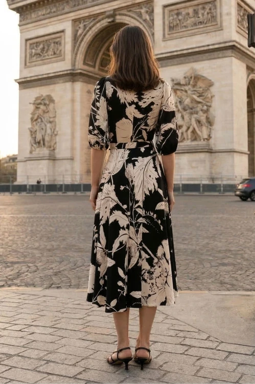 Na modelce  stojącej tyłem elegancka sukienka o długości midi, w kolorze czarnym w ecru roślinny motyw, sukienka jest przewiązywana w talii, rękawy o długości do łokcia, zapinana na plecach na długi, kryty suwak