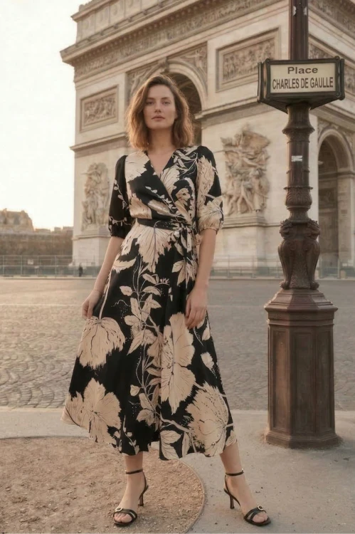 Na modelce elegancka sukienka z wiskozy z kopertowym dekoltem, sukienka w kolorze czarnym w ecru roślinny motyw, talia podkreślona paskiem, dół sukienki rozkloszowany, długość midi
