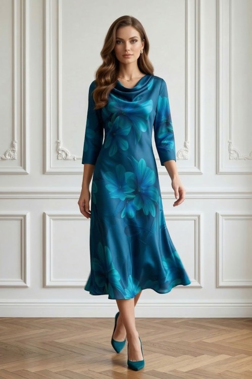 Na modelce stojącej przodem, niebieska sukienka w kwiaty, o długości midi, z lekko rozszerzanymi rękawami  7/8, dekoltem typu fala