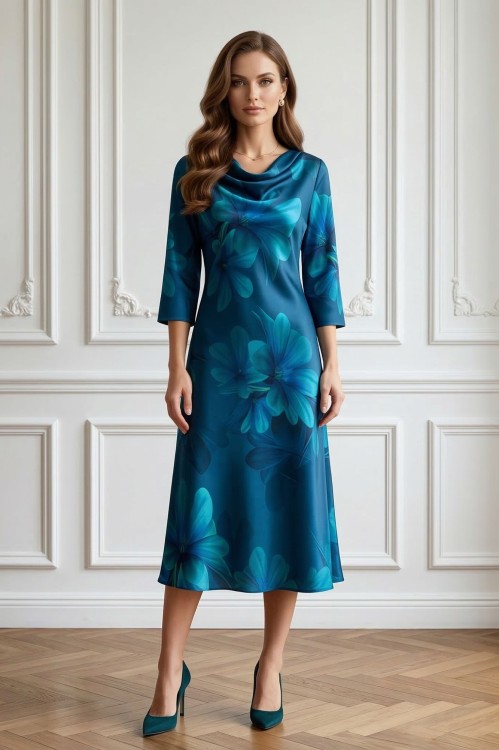 Na modelce stojącej przodem, niebieska sukienka w kwiaty, o długości midi, z lekko rozszerzanymi rękawami  7/8, dekoltem typu fala