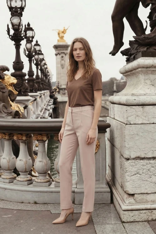 Na modelce stojącej przodem klasyczne spodnie w kant, w kolorze beżowym, zapinane z przodu na kryty suwak i haftkę, z wszywanym paskiem ze szlufkami