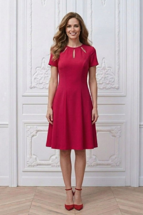 Na modelce rozkloszowana sukienka w kolorze amarantowym z krótkimi rękawami, okrągły dekolt, pod nim wycięto trzy ozdobne łezki.