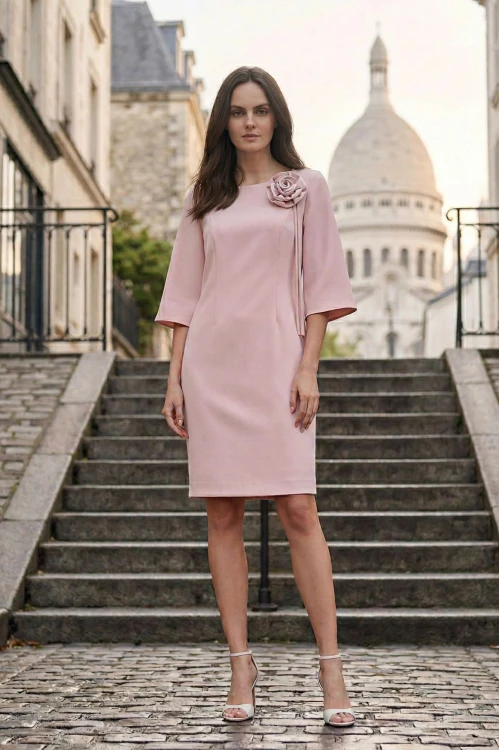 Na modelce stojącej przodem, elegancka, jasnoróżowa sukienka z przypiętą ozdobną różą. Sukienka jest o klasycznym, dopasowanym do sylwetki kroju, długości do kolan. Rękawy są lekko rozszerzane o długości 3/4