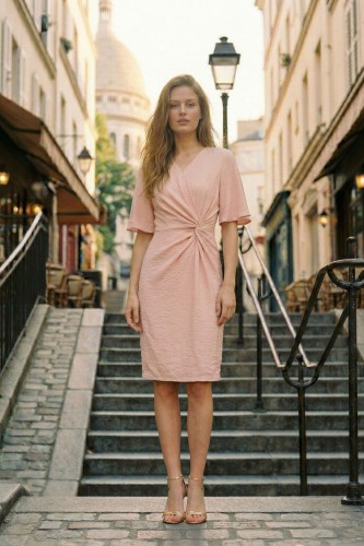 Na modelce stojącej przodem sukienka w kolorze jasnoróżowym, o długości do kolan, z efektownym marszczeniem w talii z lewej strony, dekolt w literkę v, rękaw krótki rozszerzany