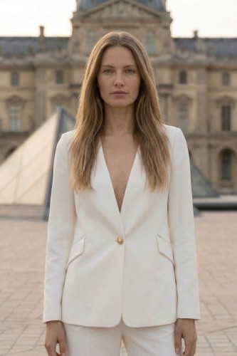 Na modelce stojącej przodem żakiet w kolorze białym, bez kołnierza , z pionowymi zaszewkami modelującymi oraz kieszeniami z klapkami, zapinany na jeden  ozdobny guzik w kolorze złotym