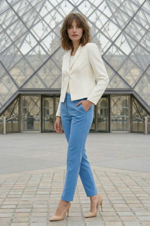 Na modelce stojącej przodem krótki żakiet z wyłogami, w kolorze białym, zapinany na jeden guzik. Na przodzie po lewej stronie imitacja kieszonki oraz długie modelujące zaszewki.