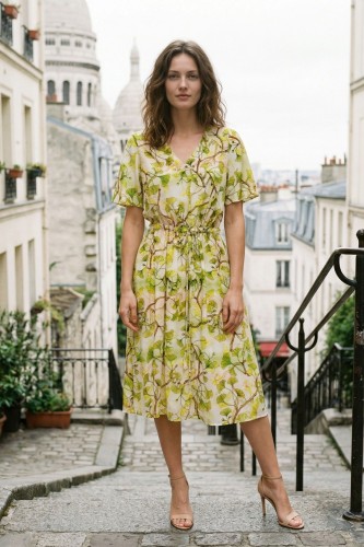 Na modelce stojącej przodem sukienka midi, z lekko poszerzanym, krótkim rękawem, dekolt w kształcie V,  w pasie znajduje się pasek w tunelu, dół sukienki jest rozkloszowany, a w bocznych szwach znajdują się  kieszenie.