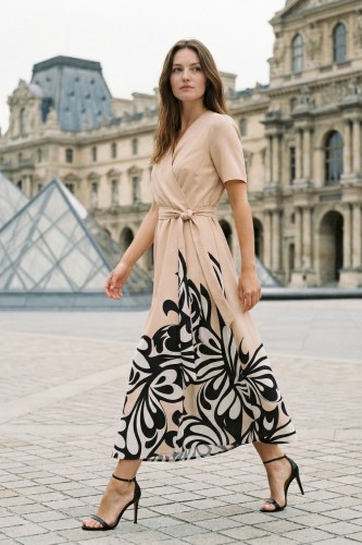 Na modelce w ruchu w pozie lekko bokiem, elegancka, długa sukienka z krótkim rękawem. Sukienka ma kolor beżowy z roślinnym, granatowo-białym borderem u dołu. Kobiecy, kopertowy dekolt, w talii przewiązywana szeroką szarfą w kolorze sukienki