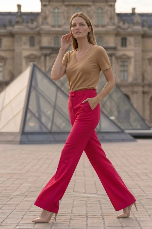 Na modelce szerokie spodnie w kant, w kolorze malinowym, z kieszeniami, zapinane na kryty suwak i haftkę, spodnie mają wszyty pasek ze szlufkami