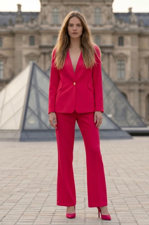 Na modelce stojącej przodem żakiet w kolorze malinowym, bez kołnierza , z pionowymi zaszewkami modelującymi oraz kieszeniami z klapkami, zapinany na jeden  ozdobny guzik w kolorze złotym