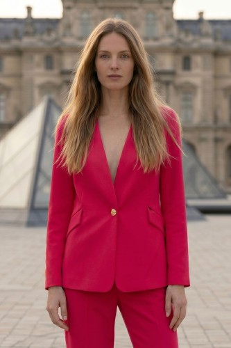 Na modelce stojącej przodem żakiet w kolorze malinowym, bez kołnierza , z pionowymi zaszewkami modelującymi oraz kieszeniami z klapkami, zapinany na jeden  ozdobny guzik w kolorze złotym