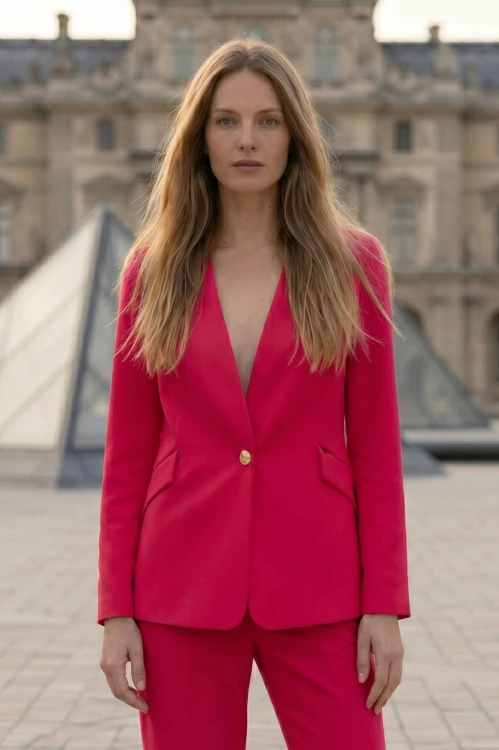 Na modelce stojącej przodem żakiet w kolorze malinowym, bez kołnierza , z pionowymi zaszewkami modelującymi oraz kieszeniami z klapkami, zapinany na jeden  ozdobny guzik w kolorze złotym