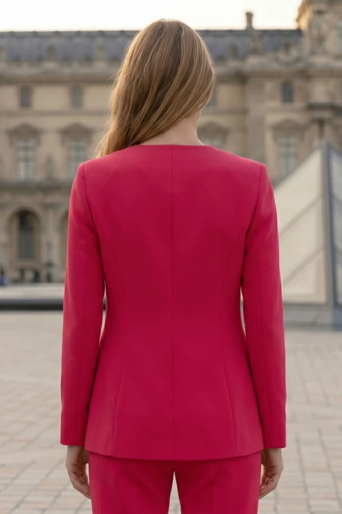 Na modelce stojącej tyłem, lekko taliowany żakiet w kolorze malinowym, bez kołnierza