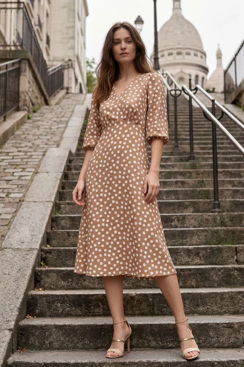 Na modelce sukienka w kolorze beżowym w białe groszki, o długości midi, lekko rozkloszowana, z odcięciem pod biustem w kształcie trójkąta, z lekkim przymarszczeniem, dekolt w literkę v, rękaw o długości 7/8 zakończony gumką.
