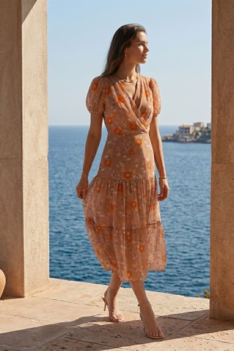 Na zdjęciu modelka w sukience midi,  beżowa w kwiecisty print. Kopertowy dekolt, w  talii odcięcie, dół  rozkloszowany trzema falbanami, krótkie rękawki zakończono gumką