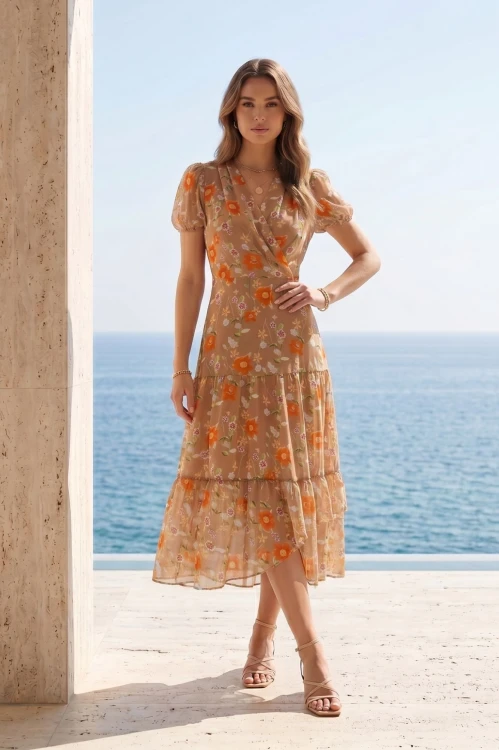 Na zdjęciu modelka w sukience midi,  beżowa w kwiecisty print. Kopertowy dekolt, w  talii odcięcie, dół  rozkloszowany trzema falbanami, krótkie rękawki zakończono gumką