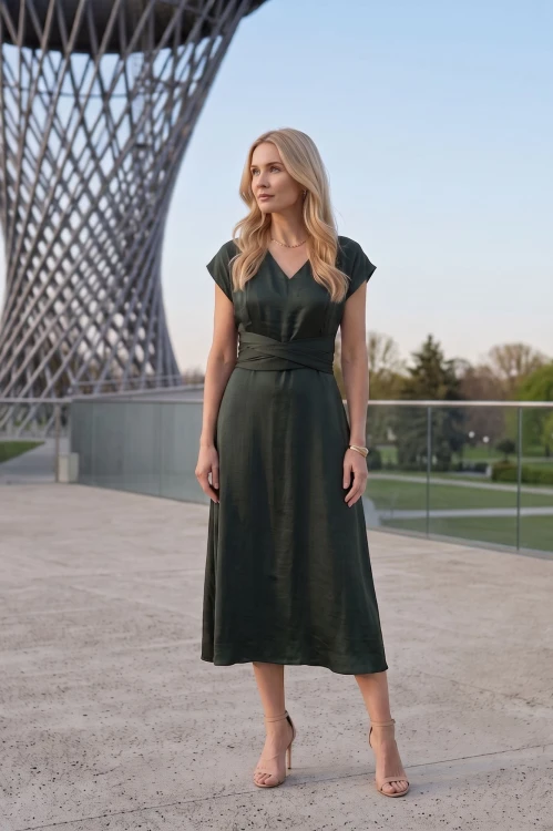 Na modelce midi sukienka w kolorze butelkowej zieleni, dekolt w delikatny serek, rękaw krótki reglanowy, w pasie materiałowa ozdoba, dół sukienki lekko rozkloszowany