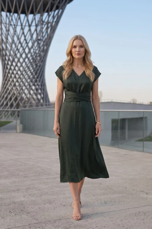 Na modelce midi sukienka w kolorze butelkowej zieleni, dekolt w delikatny serek, rękaw krótki reglanowy, w pasie materiałowa ozdoba, dół sukienki lekko rozkloszowany