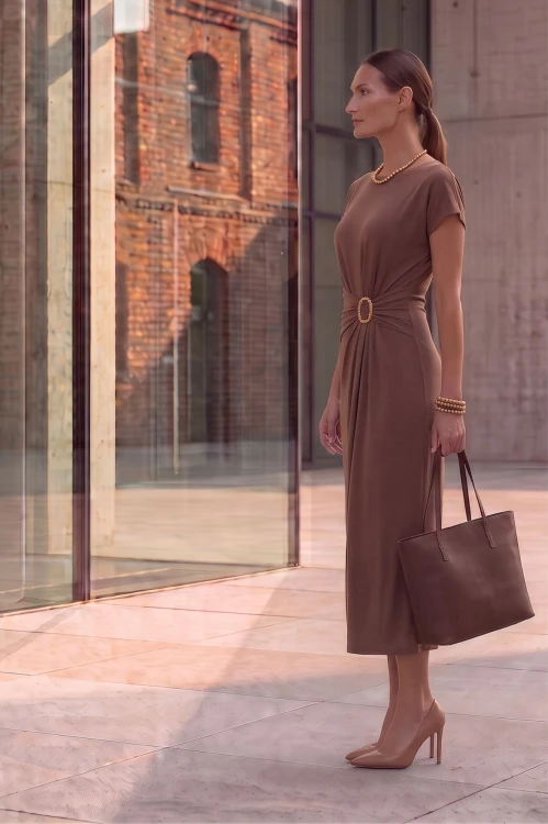 Na modelce midi sukienka w kolorze czekoladowym, dekolt w delikatny okrągły, rękaw krótki reglanowy, w pasie materiałowa ozdoba z biżuteryjnym akcentem, dół sukienki lekko rozkloszowany