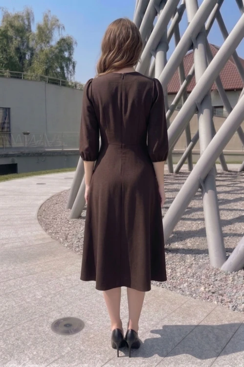 Na modelce stojącej tyłem, sukienka w kolorze ciemnobrązowym, o długości za kolana, lekko rozkloszowana, rękaw o długości 3/4 zakończony gumką, zapinana na kryty suwak