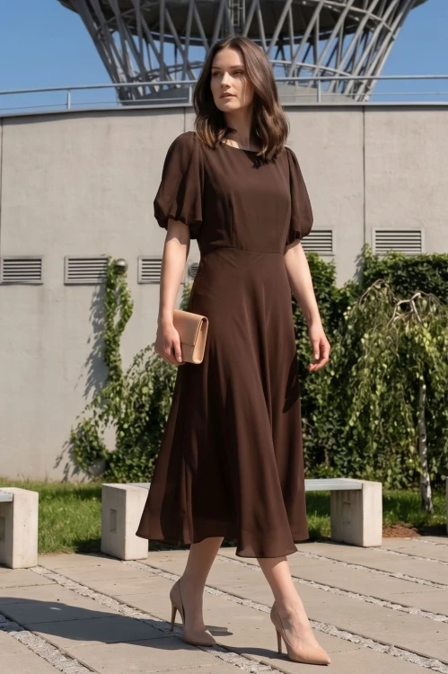 Na modelce sukienka o długości midi  rozkloszowana w kolorze brązowym, z okrągły dekoltem, odcięciem po wyżej talii, krótkim rękawkiem zakończonym gumką, tworząc bufkę.