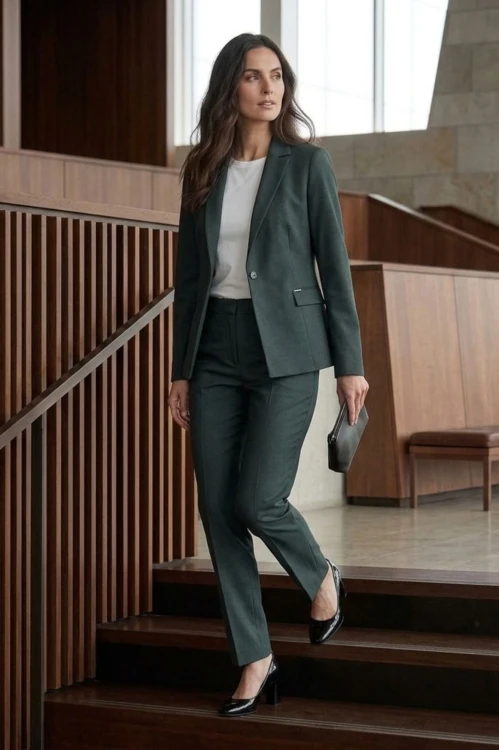 Na modelce stojącej przodem, rozpięty,  klasyczny żakiet w odcieniu ciemnej przydymionej zieleni, z wyłogami, pionowymi zaszewkami modelującymi oraz kieszeniami z klapkami, zapinany na jeden guzik