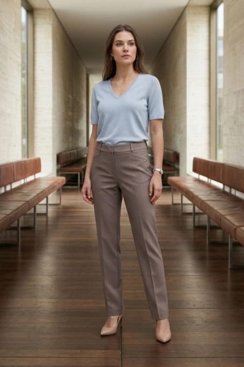 Na modelce stojącej przodem klasyczne spodnie w kant, w kolorze taupe, zapinane z przodu na kryty suwak i haftkę, z wszywanym paskiem ze szlufkami