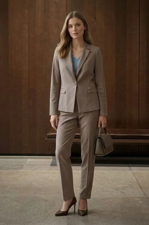 Na modelce stojącej przodem, klasyczny żakiet w kolorze taupe, z wyłogami, pionowymi zaszewkami modelującymi oraz kieszeniami z klapkami, zapinany na jeden guzik