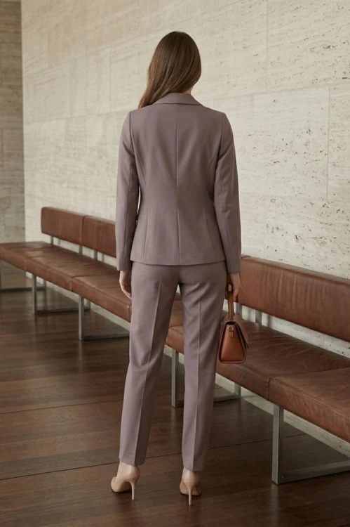 Na modelce stojącej tyłem, klasyczny żakiet w kolorze taupe, z pionowymi zaszewkami modelującymi
